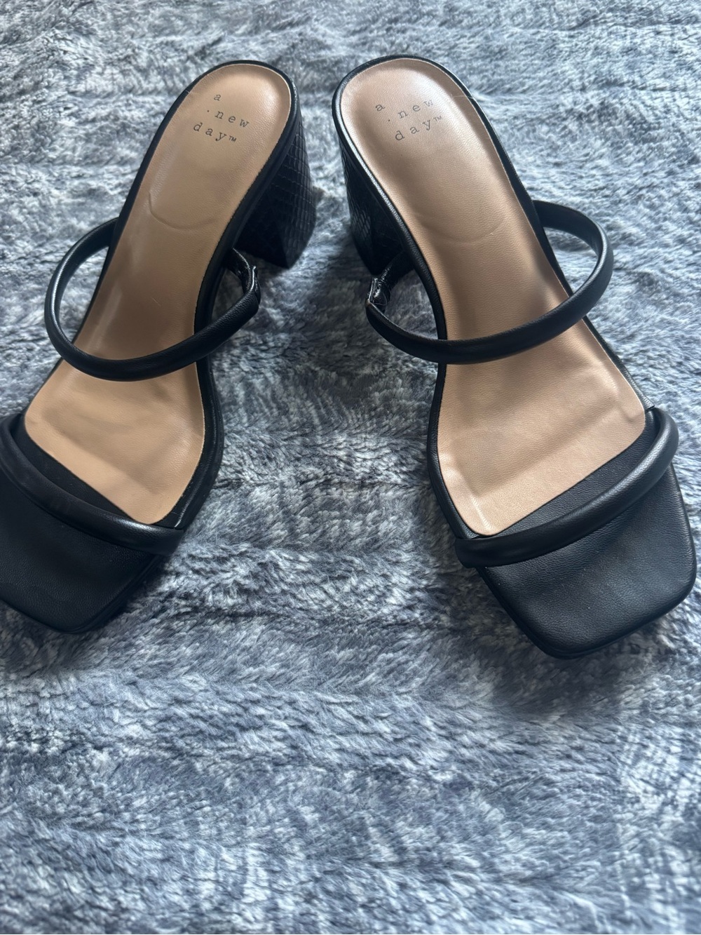 a new day Black Minimal Double-Strap Block Heel Mules